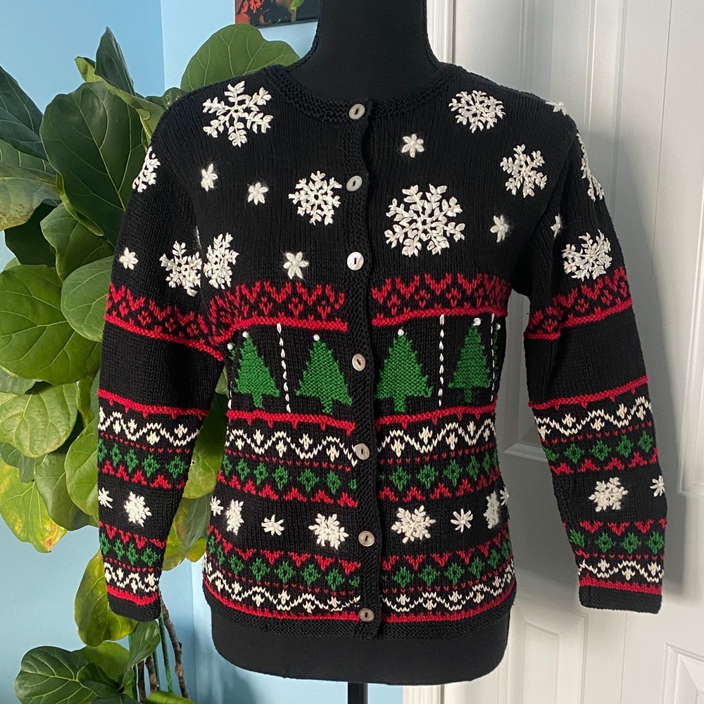 Talbots Women's Embroidered Winter Christmas Holiday Black Knit Cardigan Sweater